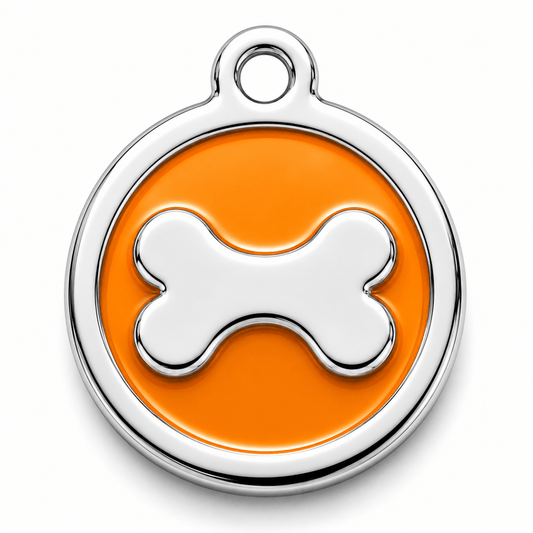 Orange pet tag with a silver bone design