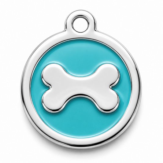 Pet tag with blue background and white bone design on a silver background