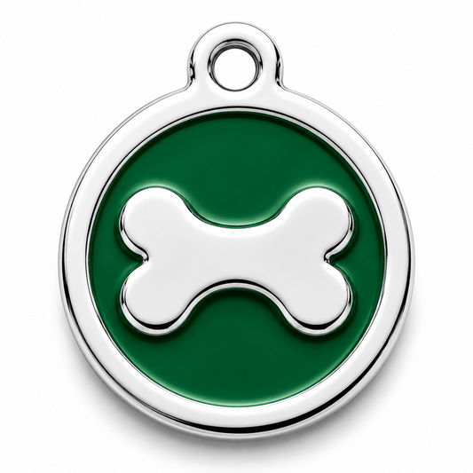 Green pet tag with a silver bone design on a round silver back ground