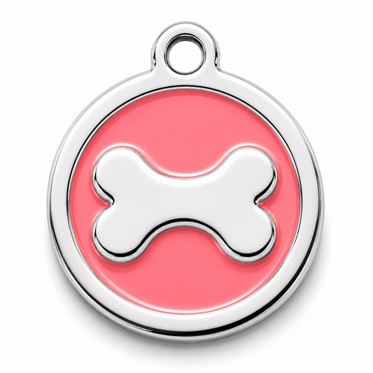 Pink pet tag with a silver bone design on a silver round background