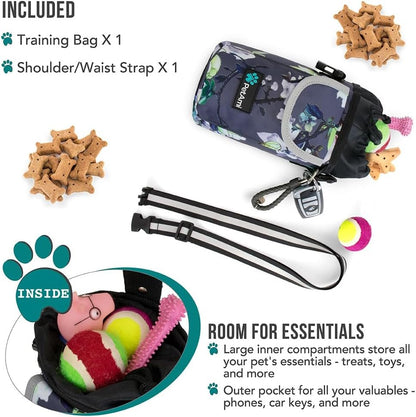 Dog Treat Pouch, Large Pet Training Treat Pouch with Pocket, Dog Trainer Essentials Supply Holder with Poop Bag Dispenser, Training Bag for Kibbles Toys, 3 Ways to Wear (Floral Grey)
