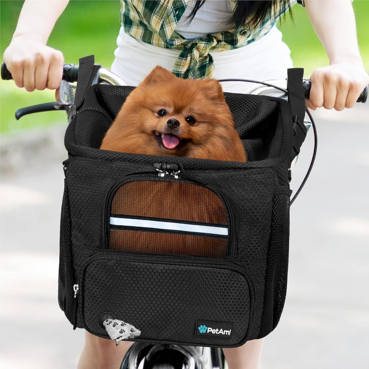 Dog Bike Basket, Soft-Sided Ventilated Dog Bike Carrier Backpack, Dog Pet Bicycle Basket for Bike Handlebar, Small Medium Puppy Cat Kitten Car Booster Seat with Safety Strap (Black)