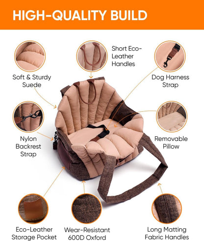 Dog Car Seat for Small Dogs & Medium Dogs, Washable Car Travel Carrier, Waterproof Portable Car Bed for Puppy, Dog Car Seat & Soft Cover, Brown