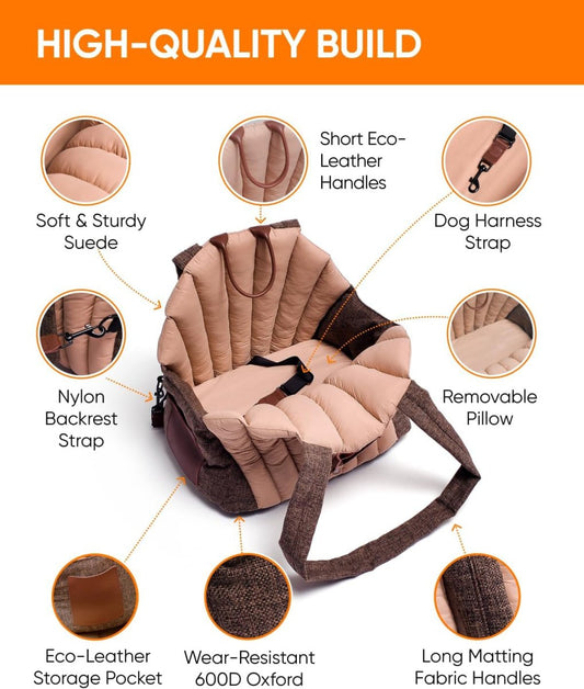 Dog Car Seat for Small Dogs & Medium Dogs, Washable Car Travel Carrier, Waterproof Portable Car Bed for Puppy, Dog Car Seat & Soft Cover, Brown