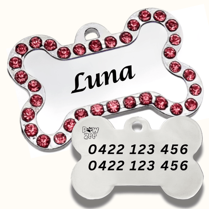 Dog Tags Stainless Steel Bling Bone - PINK - Pet ID Tags