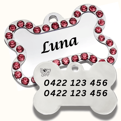 Dog Tags Stainless Steel Bling Bone - PINK - Pet ID Tags