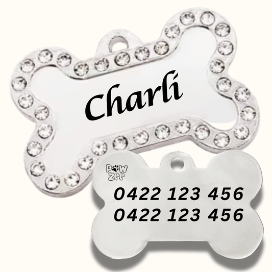 Dog Tags Stainless Steel Bling Bone - SILVER - Pet ID Tags