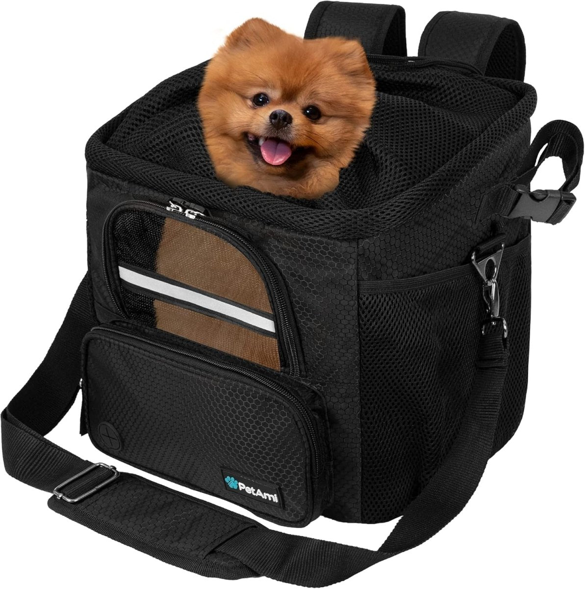 Dog Bike Basket, Soft-Sided Ventilated Dog Bike Carrier Backpack, Dog Pet Bicycle Basket for Bike Handlebar, Small Medium Puppy Cat Kitten Car Booster Seat with Safety Strap (Black)