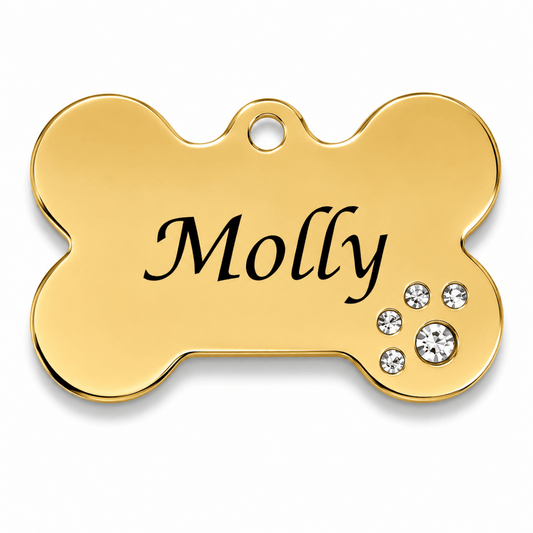 Gold Crystal Bone Pet ID Tag – Personalised Engraved Dog & Cat Tag - Pet ID Tags
