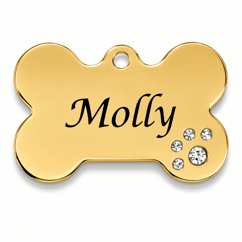 Gold Crystal Bone Pet ID Tag – Personalised Engraved Dog & Cat Tag - Pet ID Tags
