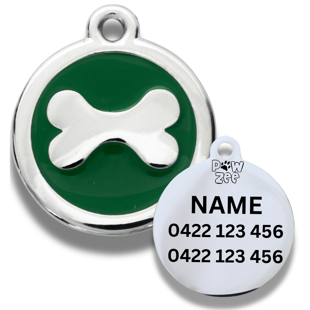 Green Enamel Stainless Steel Bone Dog ID Tag – Personalised Engraved - Pet ID Tags