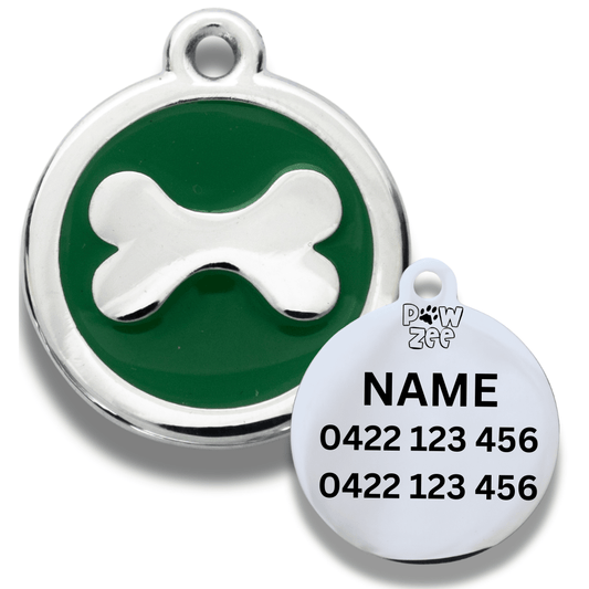 Green Enamel Stainless Steel Bone Dog ID Tag – Personalised Engraved - Pet ID Tags