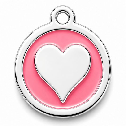 Heart-shaped pet tag with pink and silver design on a round silver background