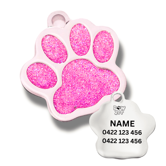 Pink glitter paw-shaped pet tag with  engraved name and phone number