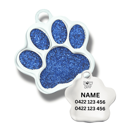Blue glitter paw print pet tag with engraved name and phone number