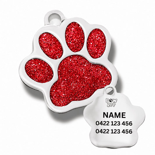 Paw Print Pet Tag - Glitter Red - Pet ID Tags