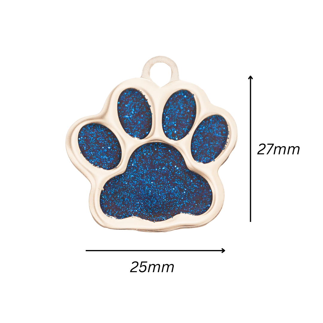 Stylish Pet Tag Glitter Paw - Blue for pets, featuring durable alloy and vibrant glitter enamel for safety and flair.
