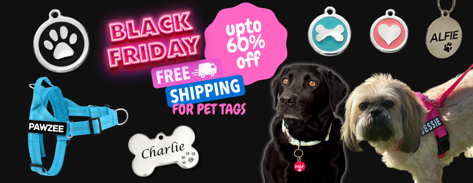 engraved dog name tag australia Black Friday sale banner with pet products including dog collars, harnesses, and tags on a black background.