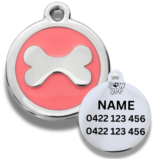 Pet tag with pink background and bone design, featuring the brand 'Pawzee
