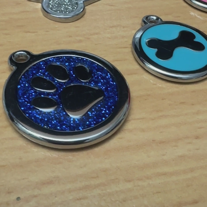 video of engraved glitter pet id tags
