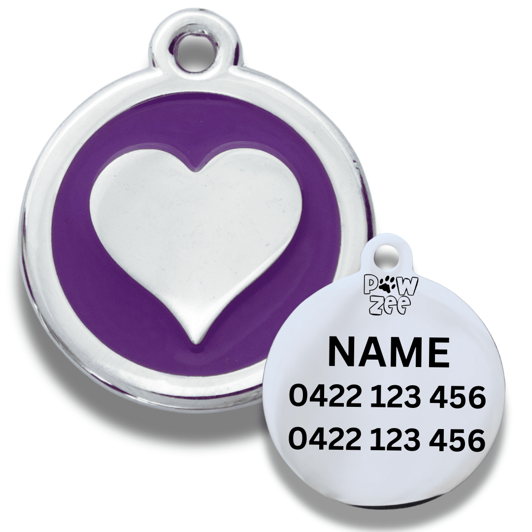 Purple Pet tag heart design with engraved text