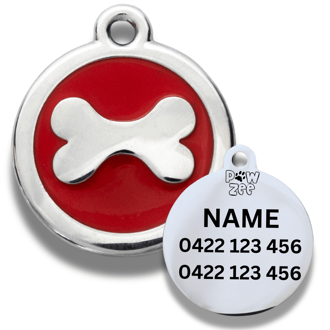 Pet tag with red background and white bone design, and another tag with text on a white background.