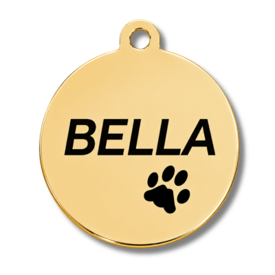 Gold dog tag with 'BELLA' and a paw print engraved onto stainless steel