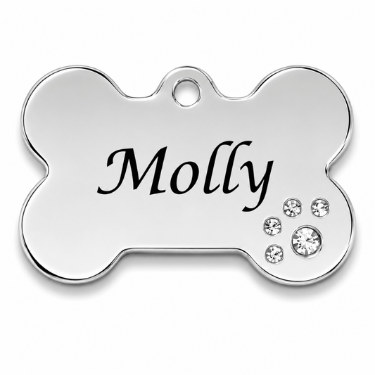 Silver Crystal Bone Pet ID Tag – Personalised Engraved Dog & Cat Tag - Pet ID Tags