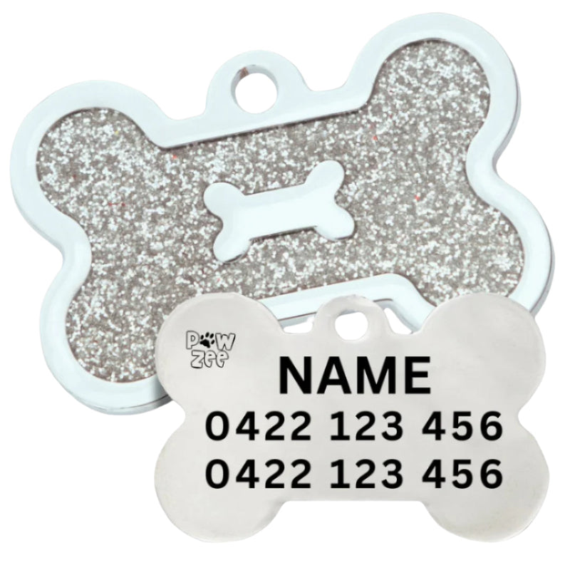 Bone personalised dog name tag in Silver Glitter Alloy with engraved pet name