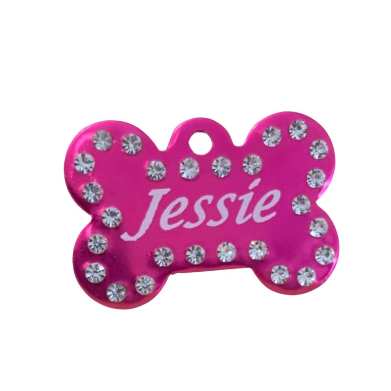 Bone personalised dog name tag in hot pink bling aluminium with engraved pet name