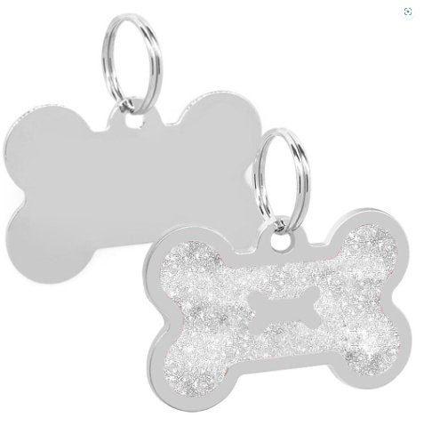 Silver Pawzee Glitter Bone Metal Pet Tag - Pet ID Tags