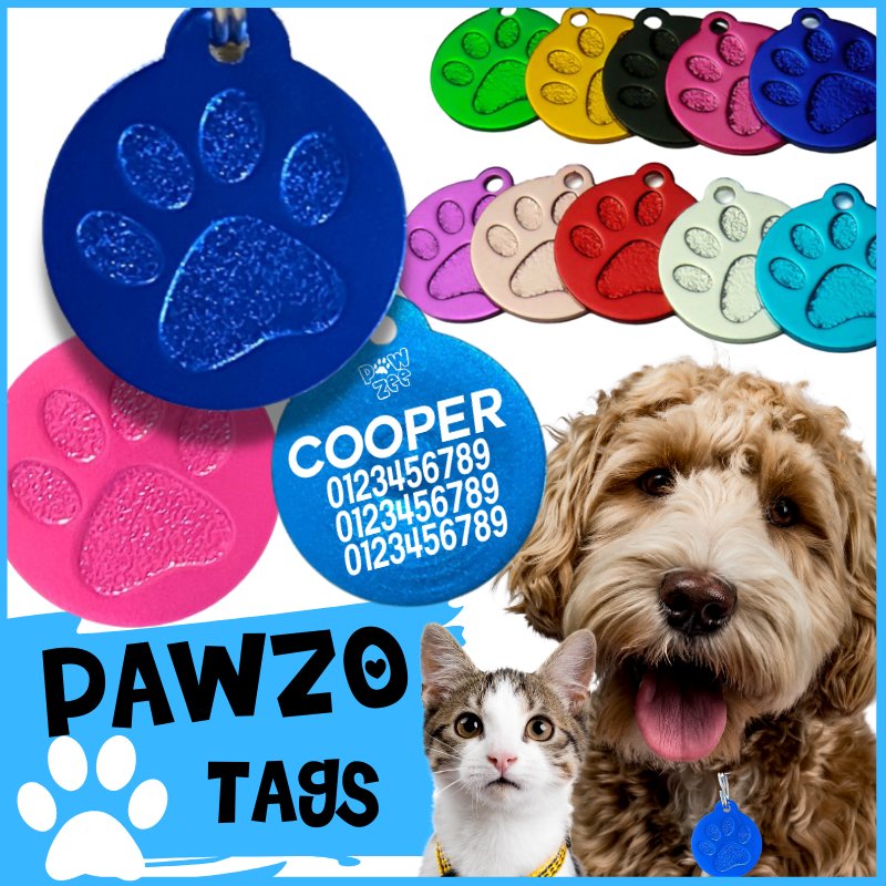 Personalized PAWZO PET TAGS 2 FOR $28 - LARGE, featuring vibrant colors and big paw prints for pets. Free delivery Australia wide!