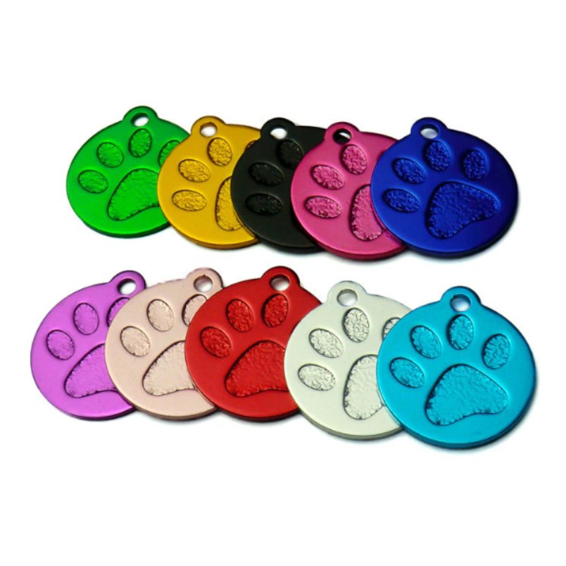 Colorful PAWZO PET TAGS 2 FOR $28 - LARGE featuring a big paw print, perfect for personalizing your pets.