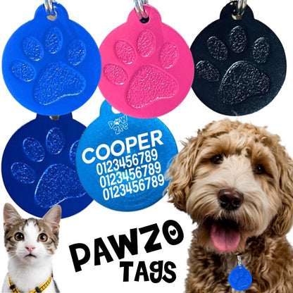 Trendy Pawzo Dog Tags for Pets showcase colorful designs, keeping pets safe and stylish with engraved details.